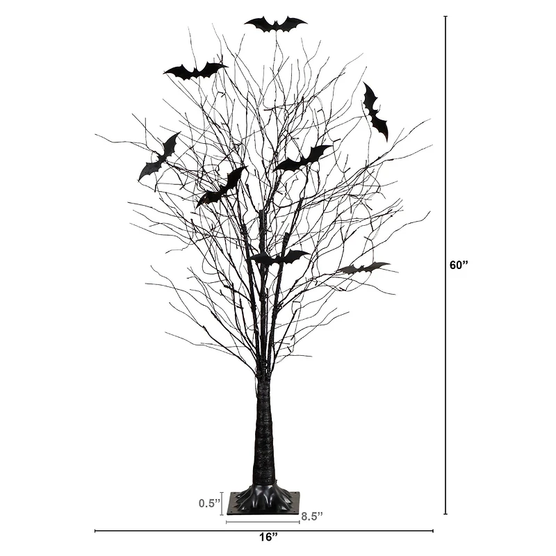 5ft. Pre-Lit Artificial Halloween Black Twig Tree with Bats and 50 Warm White LED Lights