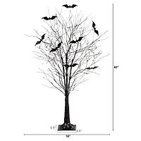 5ft. Pre-Lit Artificial Halloween Black Twig Tree with Bats and 50 Warm White LED Lights
