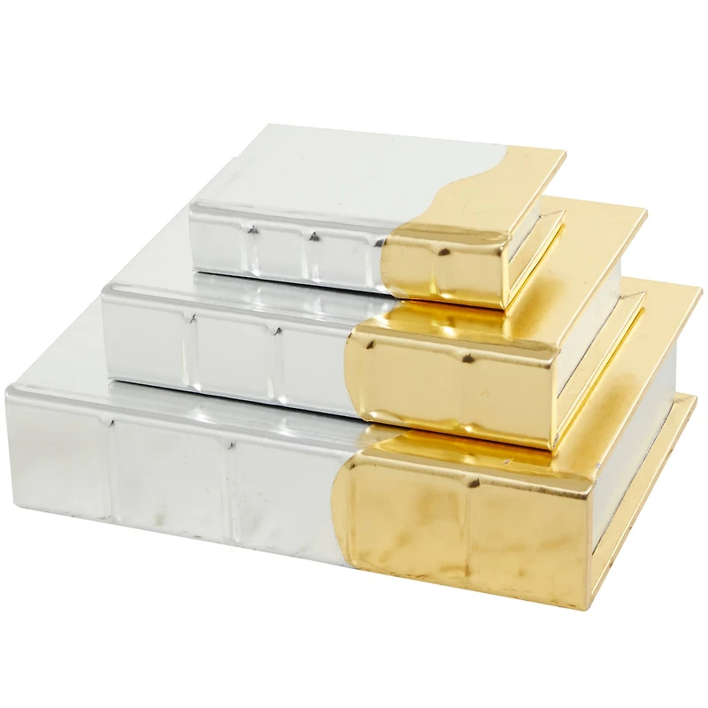 CosmoLiving by Cosmopolitan Silver Faux Leather Faux Book Box with Metallic Finish Set 
