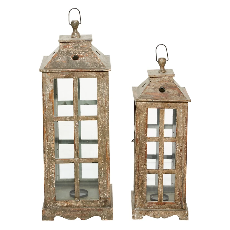 Set of 2" Brown Wood Rustic Lantern, 33", 27"