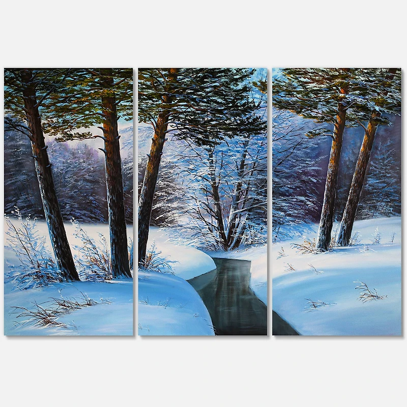 Designart - Christmas Forest With River and Trees III - Traditional Canvas Wall Art Print
