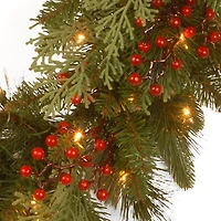 24" Feel Real® Classical Collection Wreath with Red Berries, Cedar Leaves & Warm White LED Lights