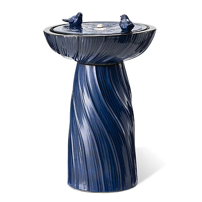 Glitzhome® 24.75" LED Cobalt Blue Twist Ceramic Birdbath Outdoor Floor Fountain