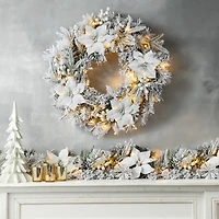 Glitzhome® 24" Pre-Lit Snow Flocked Greenery Pine Poinsettia Christmas Wreath & Matched 2 Pack 9ft. Garland Set