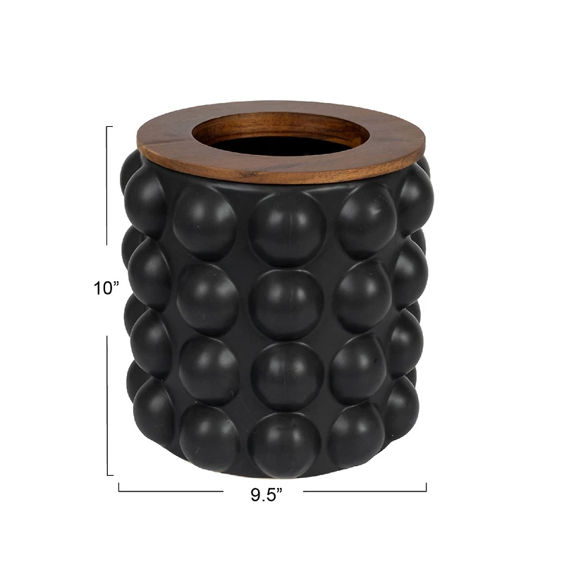 Hello Honey® 10" Round Matte Black Stoneware Waste Bins with Raised Dots & Removable Natural Acacia Wood Rim, 2ct.