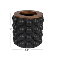 Hello Honey® 10" Round Matte Black Stoneware Waste Bins with Raised Dots & Removable Natural Acacia Wood Rim, 2ct.