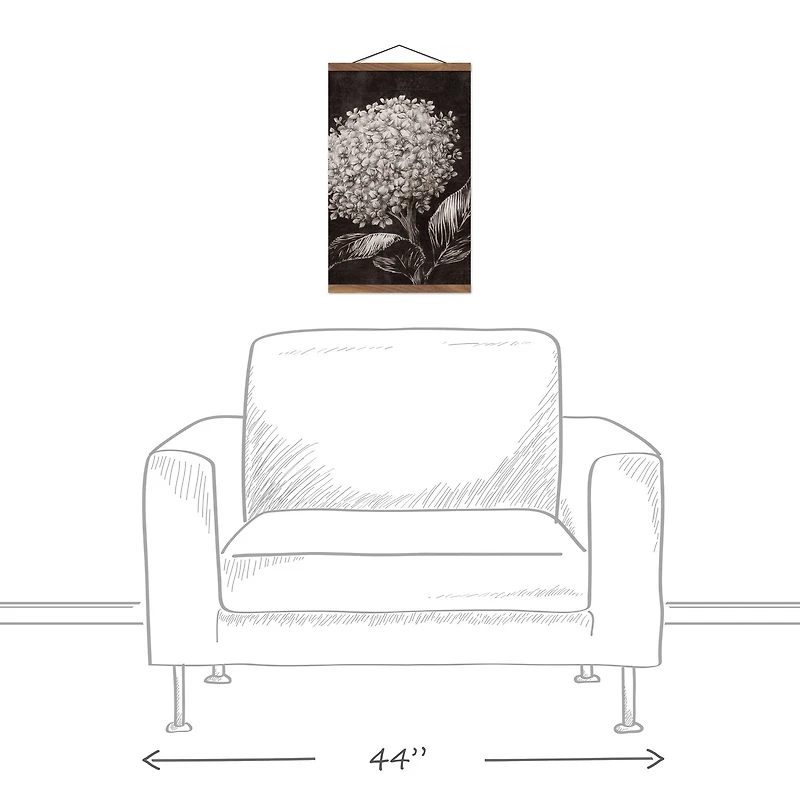 White Sketched Hydrangeas Teak Hanging Canvas