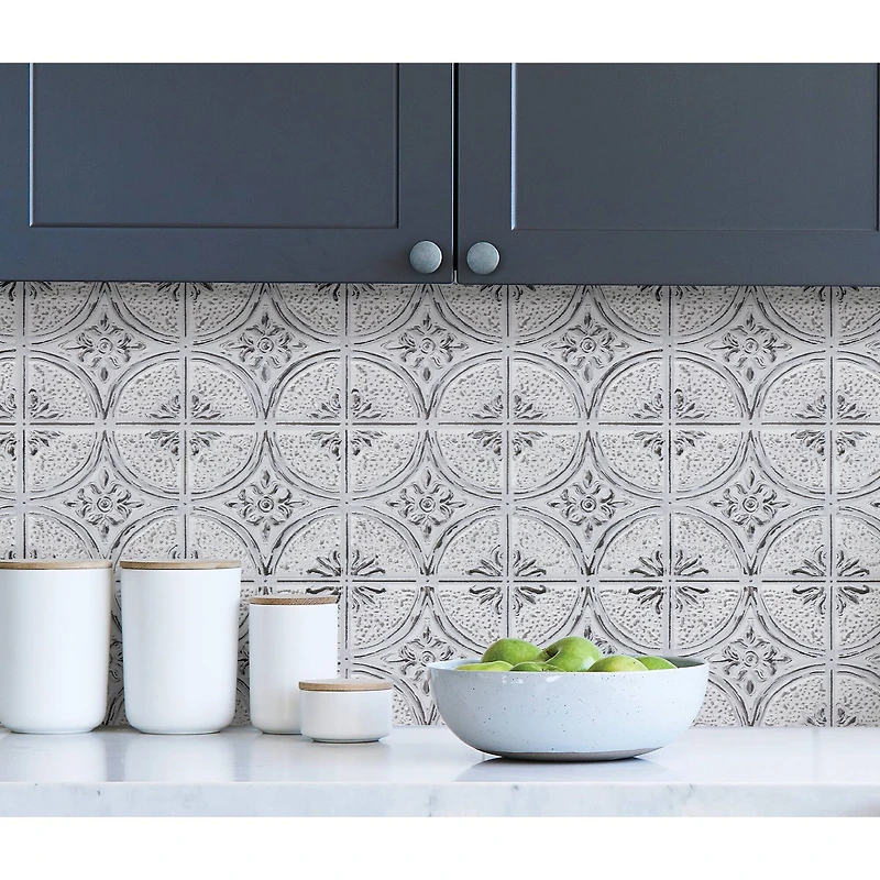 InHome Camden Antique White Faux Tin Peel & Stick Backsplash Tiles