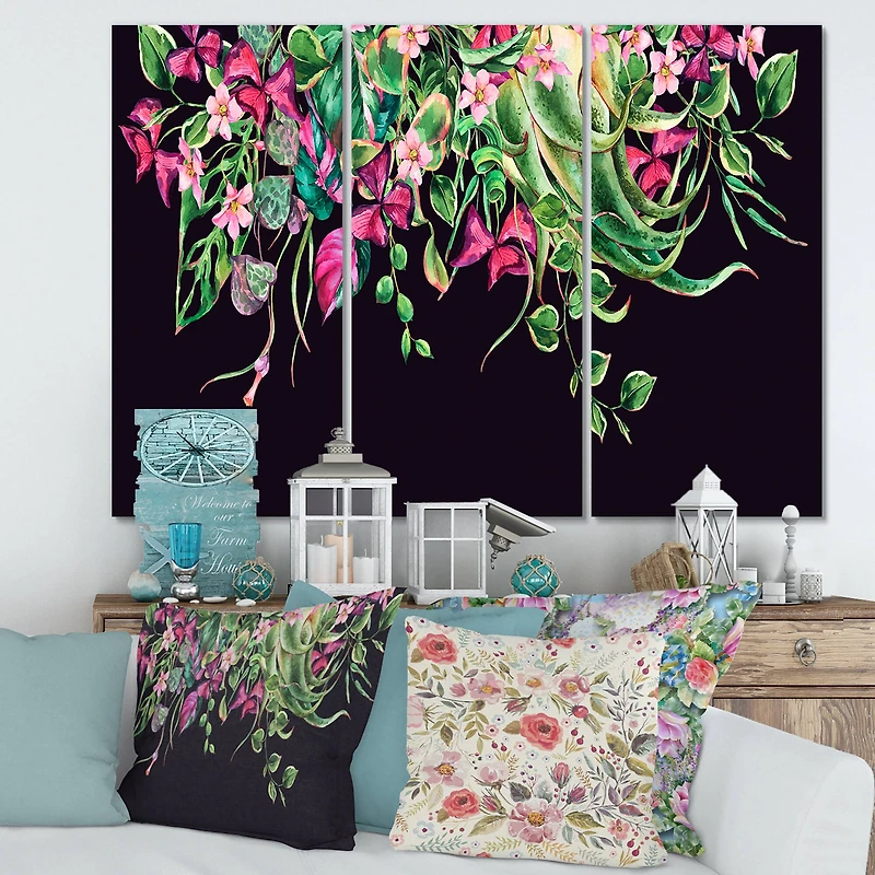 Designart - Floral Tropical Leaves Om Black