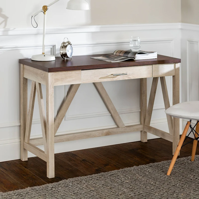 Walker Edison 46" White Oak/Traditional Brown A Frame Wood Computer Desk with Drawer