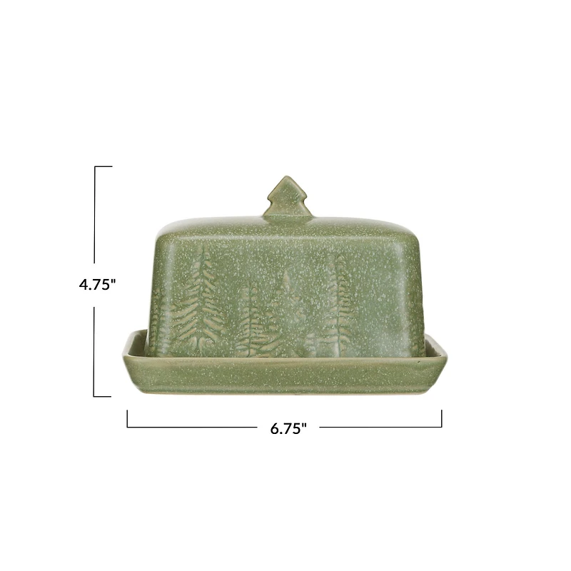 Hello Honey® 6.75" Green Tree Debossed Stoneware Butter Dish with Reactive Glaze Finish