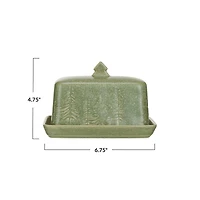 Hello Honey® 6.75" Green Tree Debossed Stoneware Butter Dish with Reactive Glaze Finish