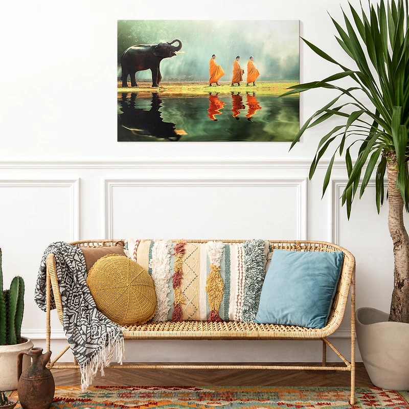 Elephant & Monks Walking Meditation Glossy Canvas Art