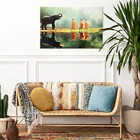 Elephant & Monks Walking Meditation Glossy Canvas Art