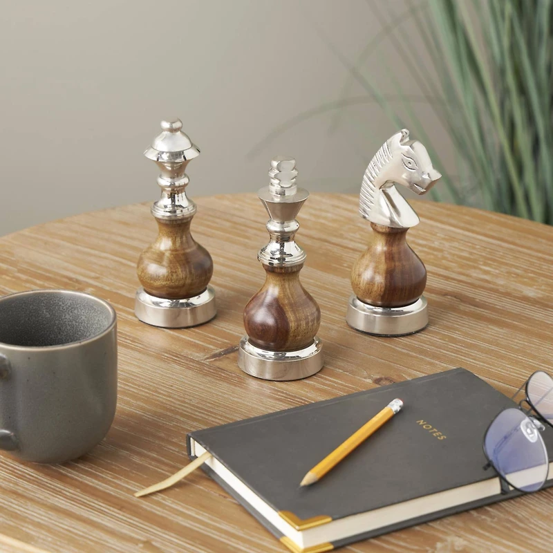 6" Silver Aluminum Metal Chess Sculpture with Round Wood Centers, 3ct.