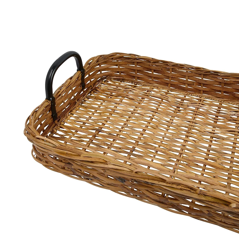 Hello Honey® 25" Natural and Black Decorative Woven Rattan Tray with Metal Handles