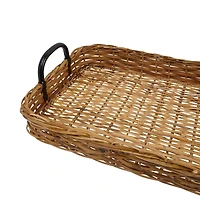 Hello Honey® 25" Natural and Black Decorative Woven Rattan Tray with Metal Handles