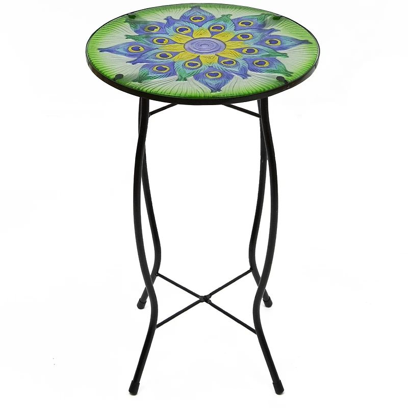 19" Green & Blue Peacock Flower Tail Glass Patio Side Table