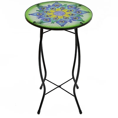 19" Green & Blue Peacock Flower Tail Glass Patio Side Table