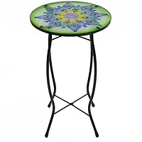19" Green & Blue Peacock Flower Tail Glass Patio Side Table