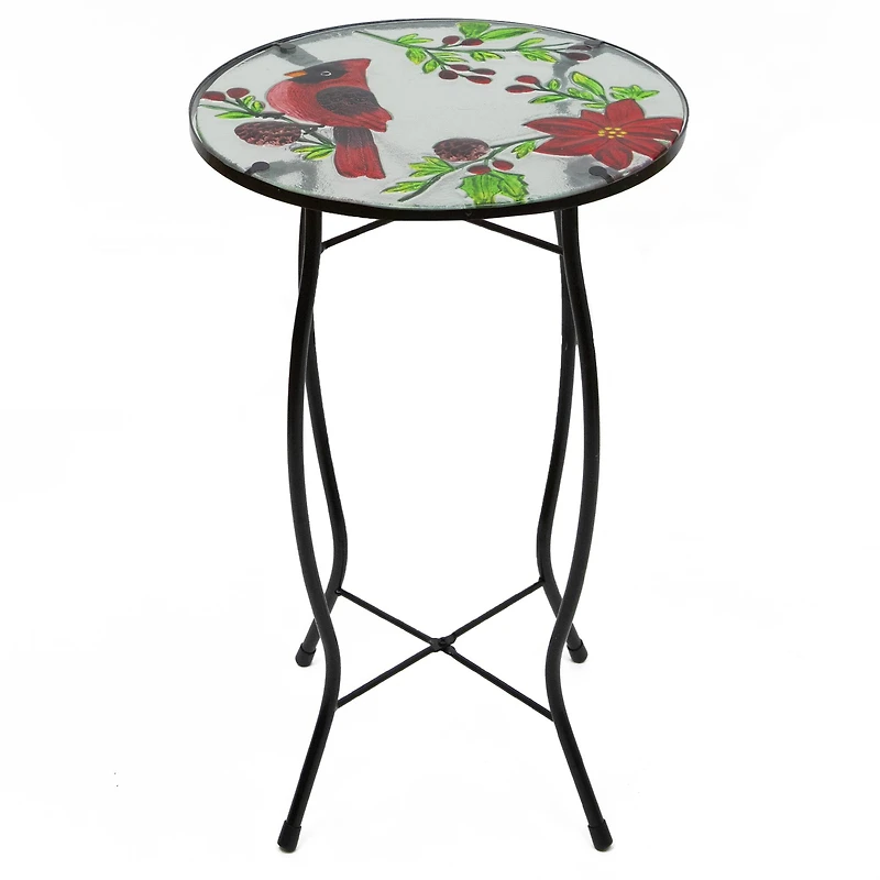 19" Red Cardinal & Pinecone Glass Patio Side Table