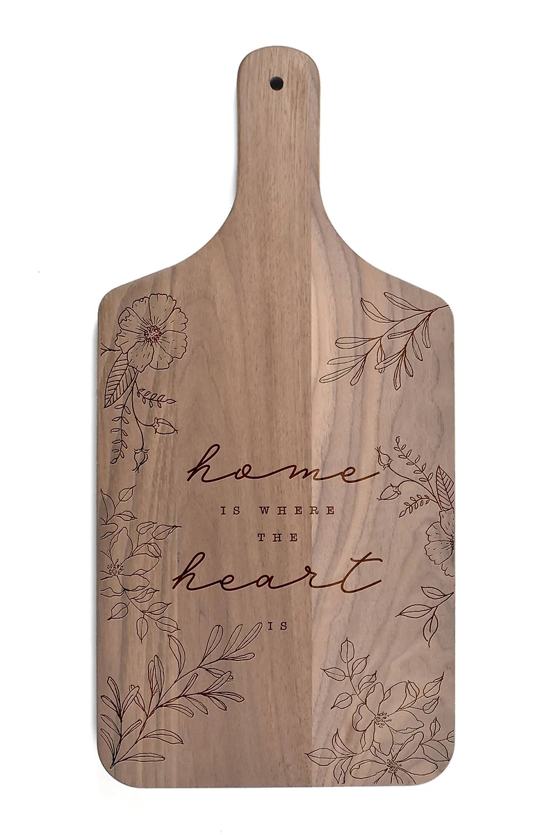 Home is Where the Heart Is Floral 8" x 17" Walnut Paddle Cutting Board