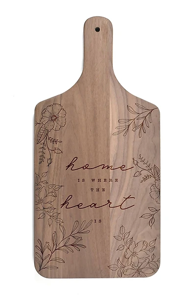 Home is Where the Heart Is Floral 8" x 17" Walnut Paddle Cutting Board