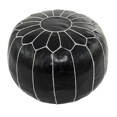 24" Black Leather Moroccan Floral Pouf with White Stitching
