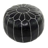 24" Black Leather Moroccan Floral Pouf with White Stitching