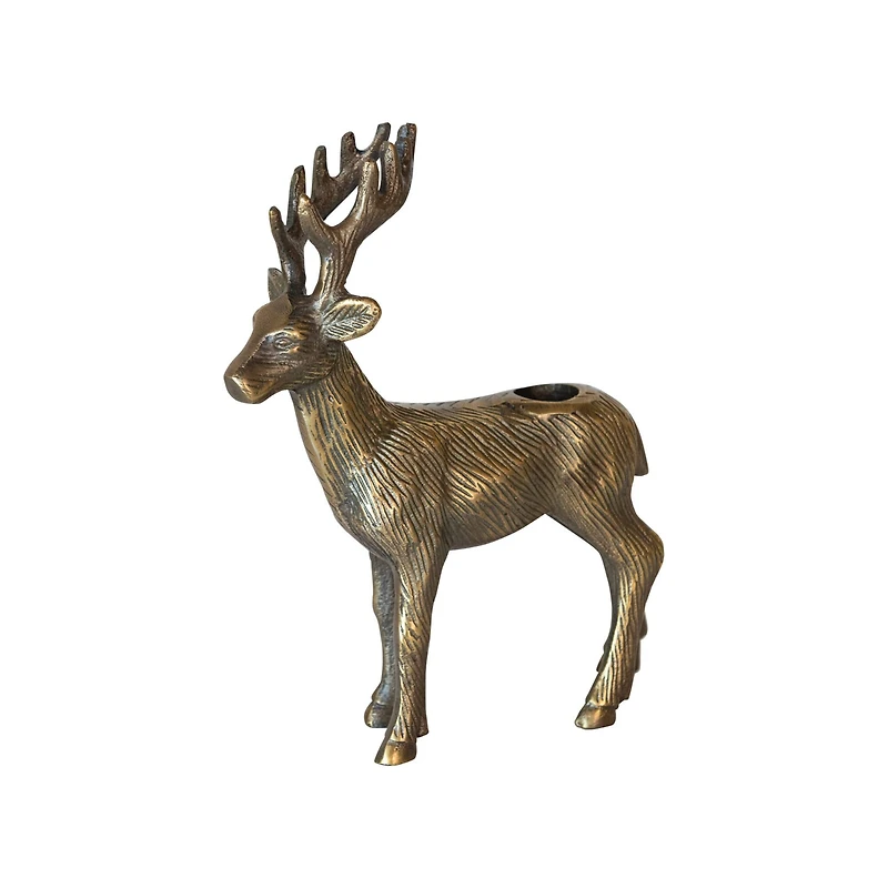 Hello Honey® 8.5" Antique Gold Finish Cast Aluminum Reindeer Taper Candleholder