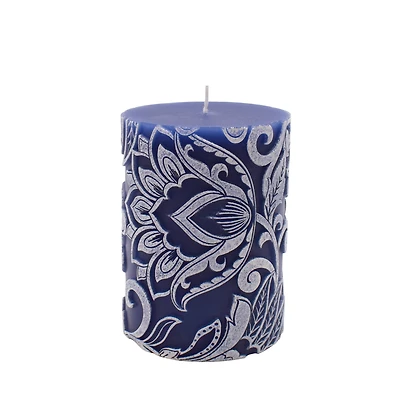 Navy & White Floral Embossed Pillar Candle by Ashland