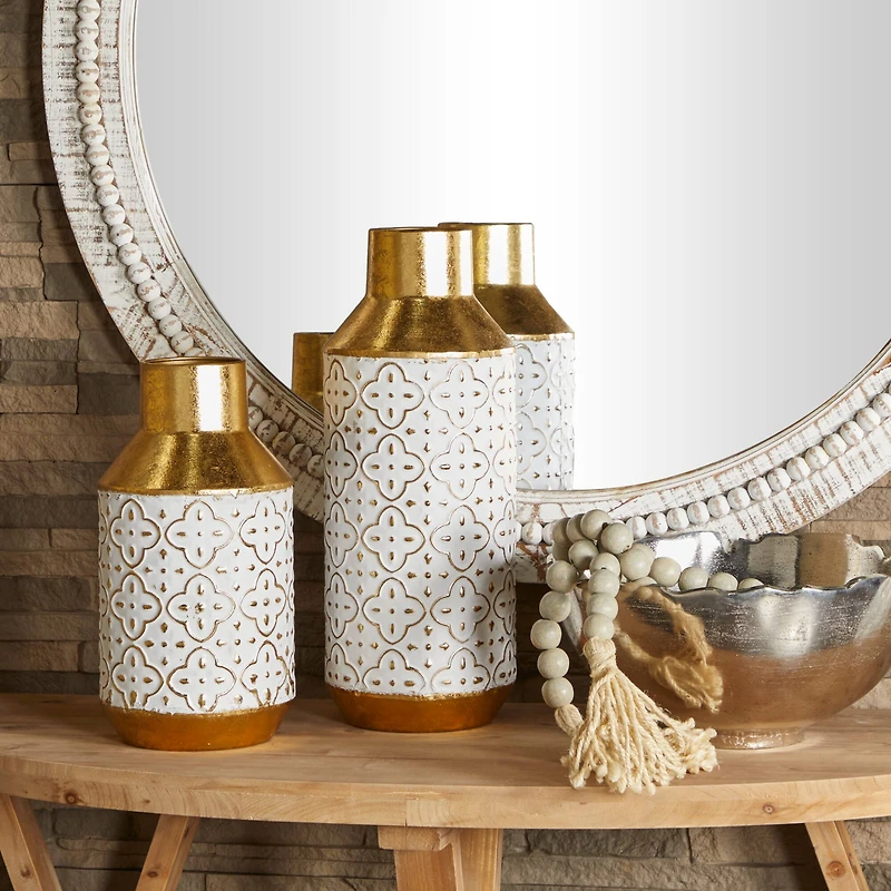 Gold Metal Handmade Embossed Quatrefoil Vase with Gold Detailing Set of 2 16", 12"