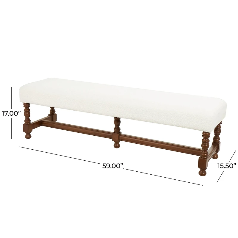 59" Cream Fabric Bench with Brown Traditional Wood Turned Legs
