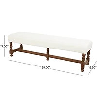 59" Cream Fabric Bench with Brown Traditional Wood Turned Legs