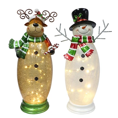 6 Pack: 16" Pre-Lit LED Crackle Glass Moose and Snowman Set