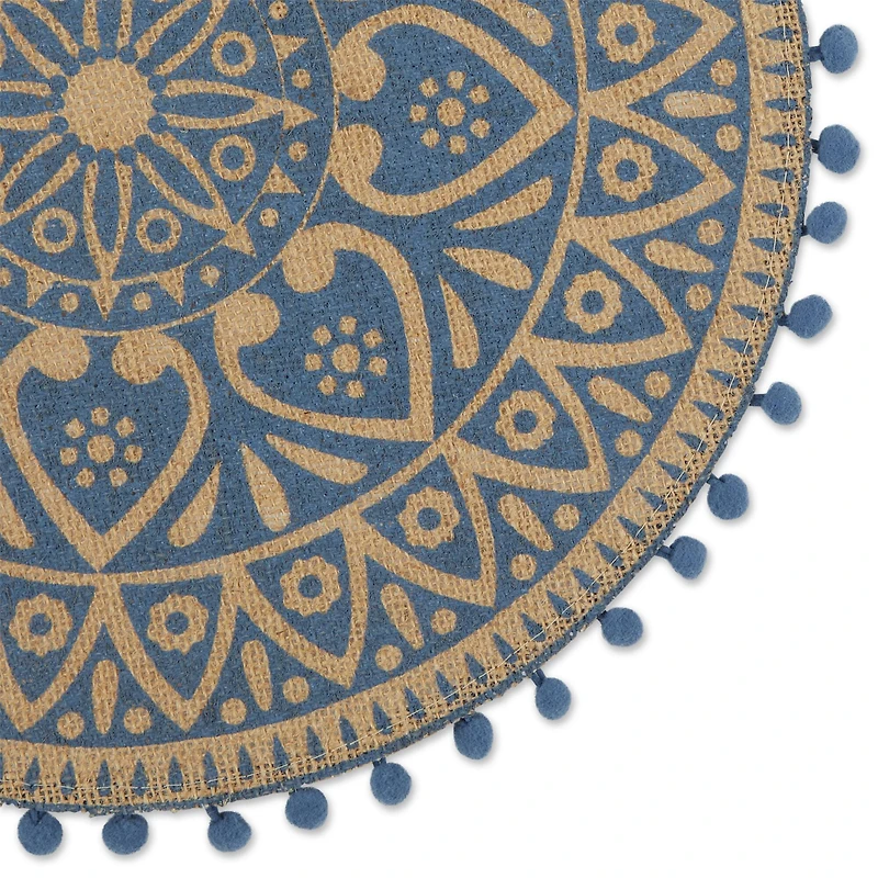 French Blue Block Print On Natural Round Jute Placemat (Set of 6)
