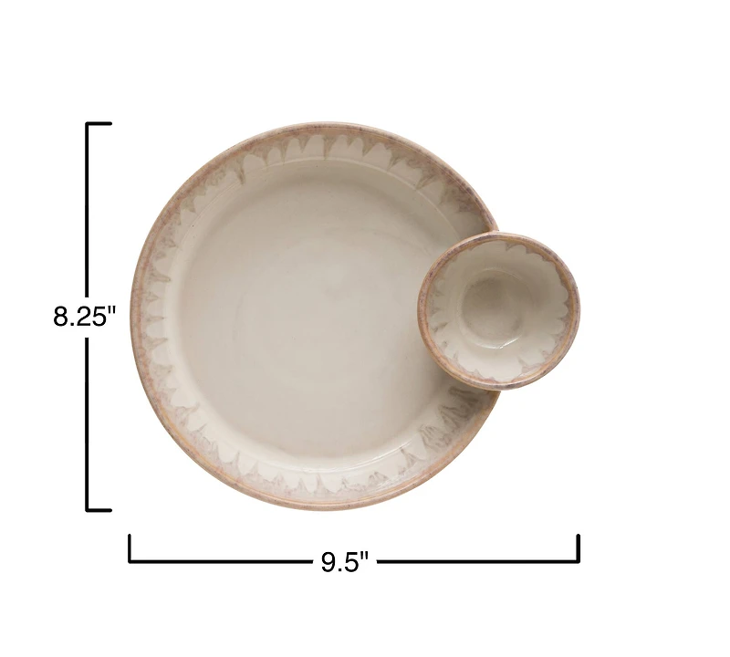 Hello Honey® 9.5" Cream Stoneware Serving Platter with Attached Dip Bowl
