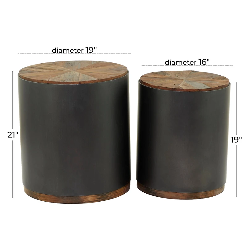 Black Metal Accent Table with Brown Wood Top Set of 2 21", 19"