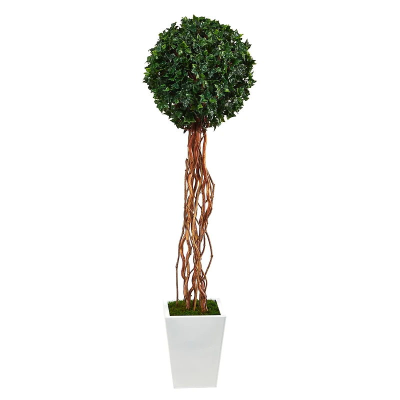 5ft. English Ivy Single Ball Artificial Topiary Tree in White Metal Planter UV Resistant (Indoor/Outdoor)