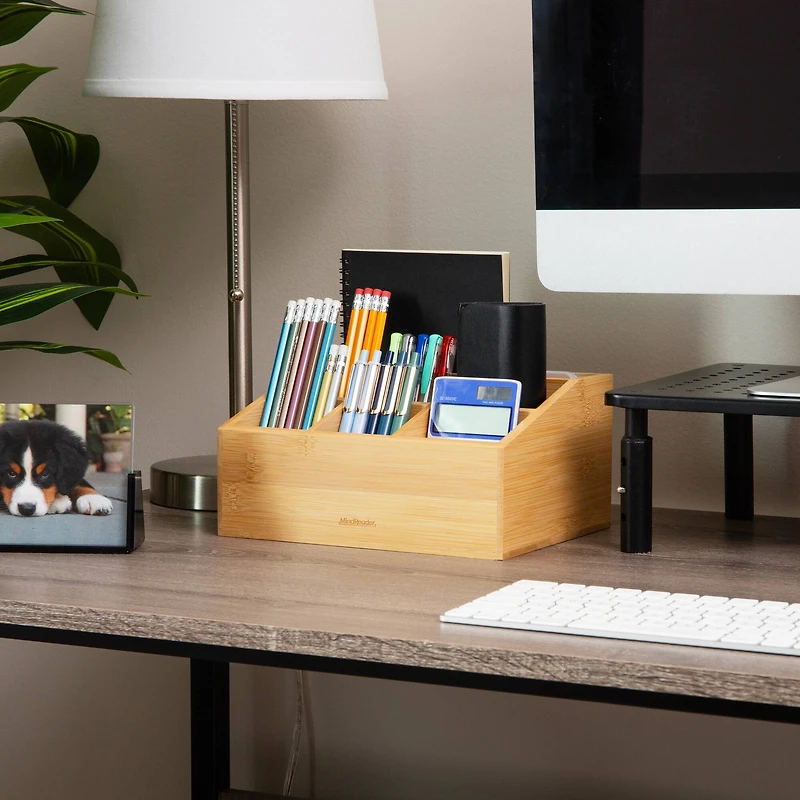 Mind Reader Desktop Organizer, 7-compartment, Office Essentials, Modern, Office, Bamboo, Brown