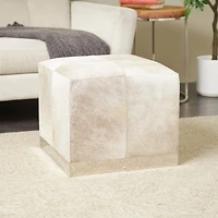 17" Gray Leather Patchwork Pouf with Silver Metal Base