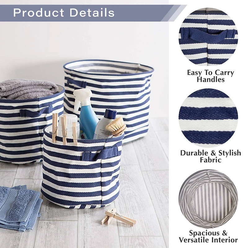 DII® Round Stripes PE-Coated Herringbone Woven Cotton Laundry Bin Set