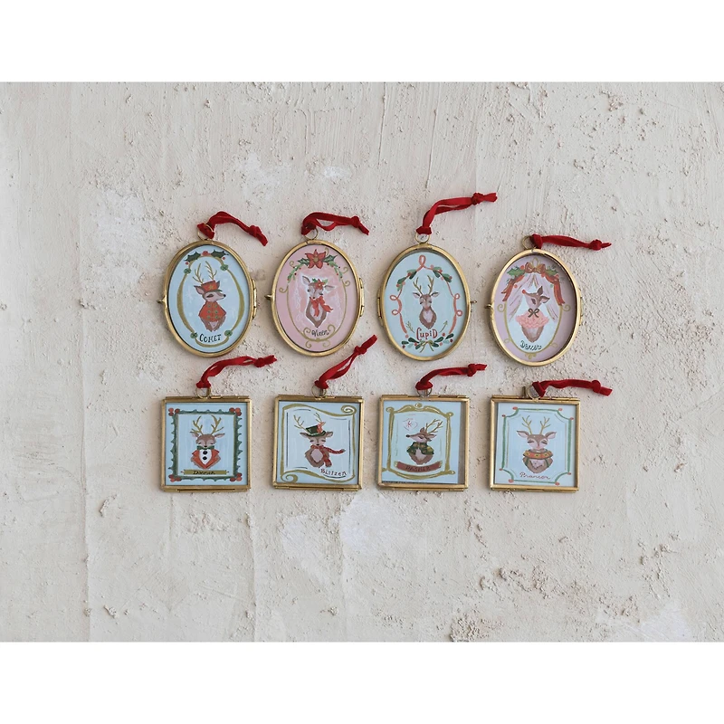 Hello Honey® 8 Pack 4.25" Santa's Reindeer Photo Frame Glass & Metal Ornaments
