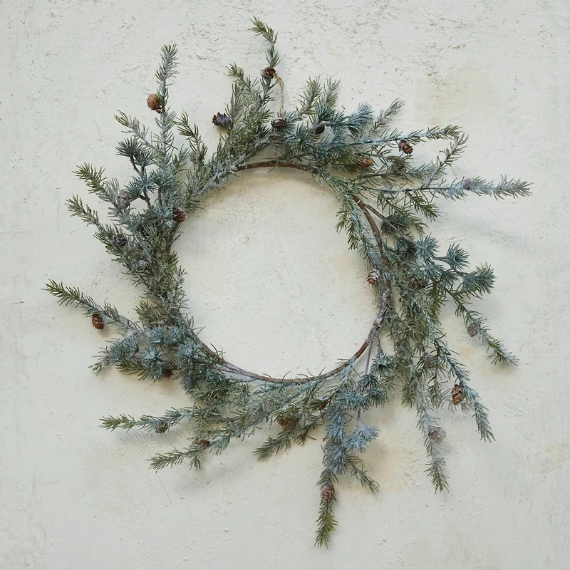 Hello Honey® 23.5" Green Round Faux Spruce Wreath with Natural Pinecones & Frost Finish