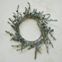 Hello Honey® 23.5" Green Round Faux Spruce Wreath with Natural Pinecones & Frost Finish