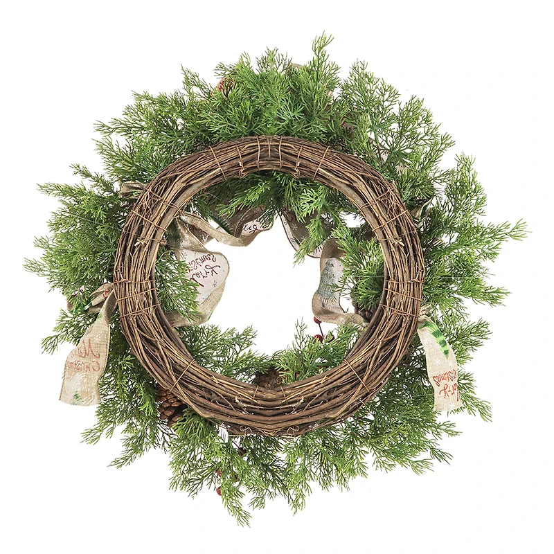Glitzhome® 24" Cypress Leaves & Pinecone Wreath with Ribbon & Bow