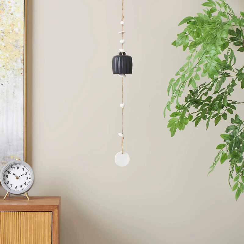 2ft. Black Ceramic Handmade Textured Bell Windchime with Cascading White Disks