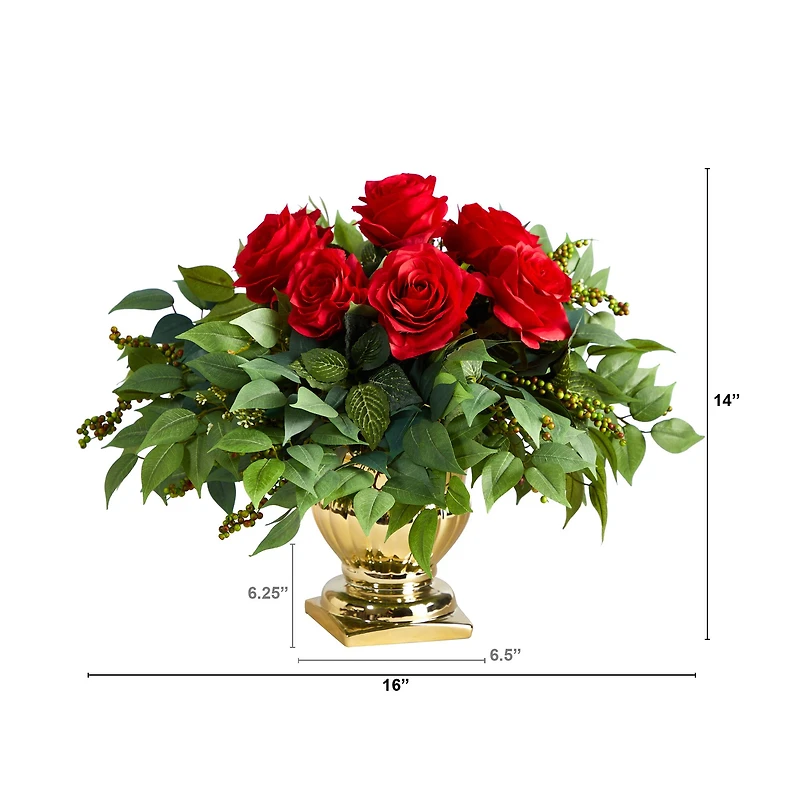 14" Red Rose Floral Arrangement in Gold Urn 