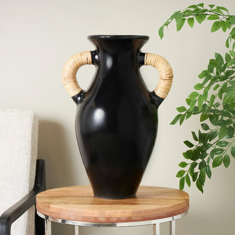 21" Black Ceramic Jug with Rattan Wrapped Handles