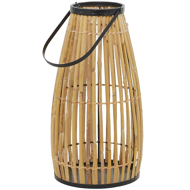 The Novogratz 20" Brown Wicker Handmade Slatted Frame Candle Lantern with Handle